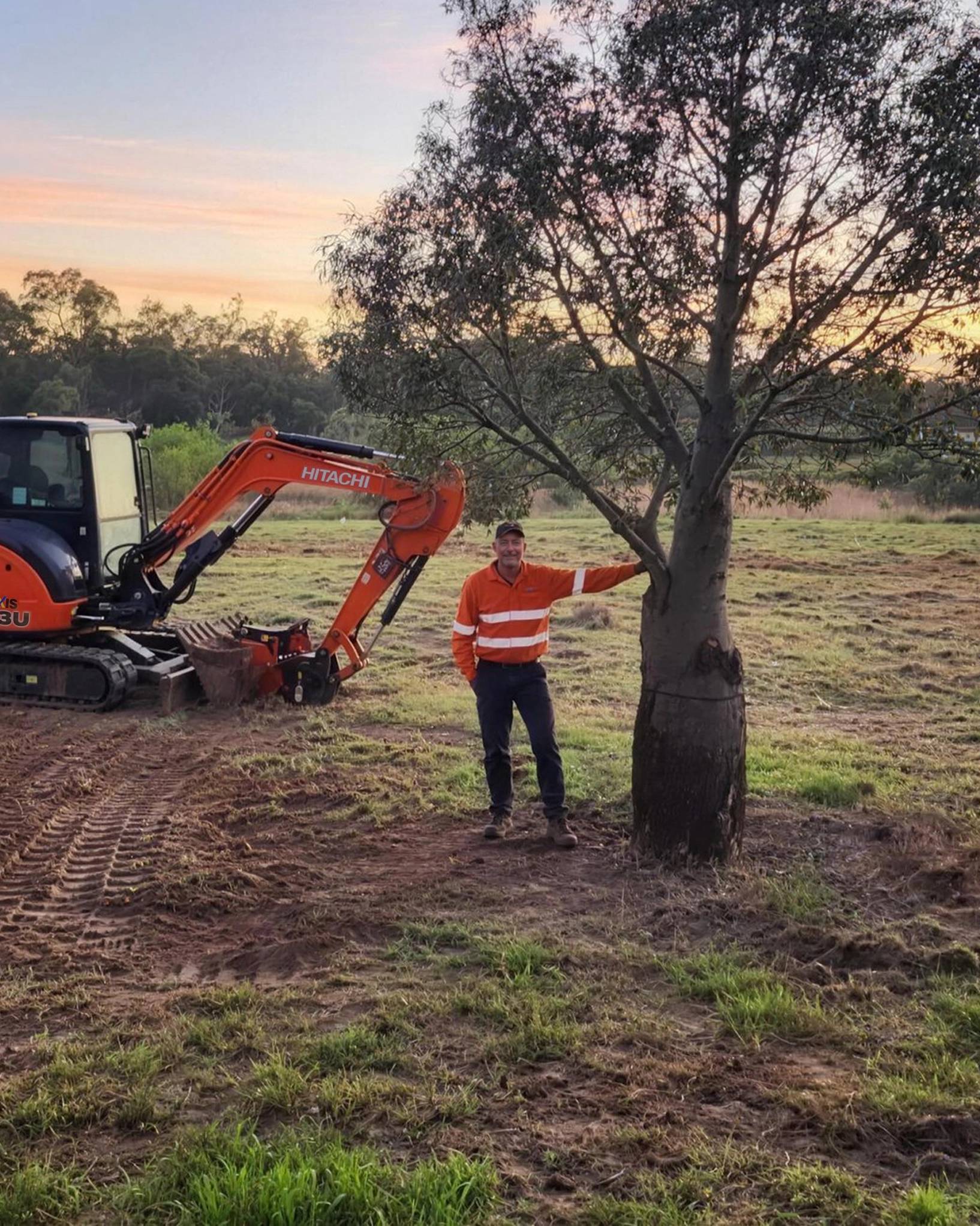 Russell Clark by a freshly relocated tree at sunset, mini excavator alongside